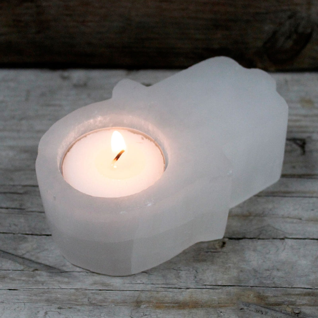 Candle Holder - Selenite Hamsa